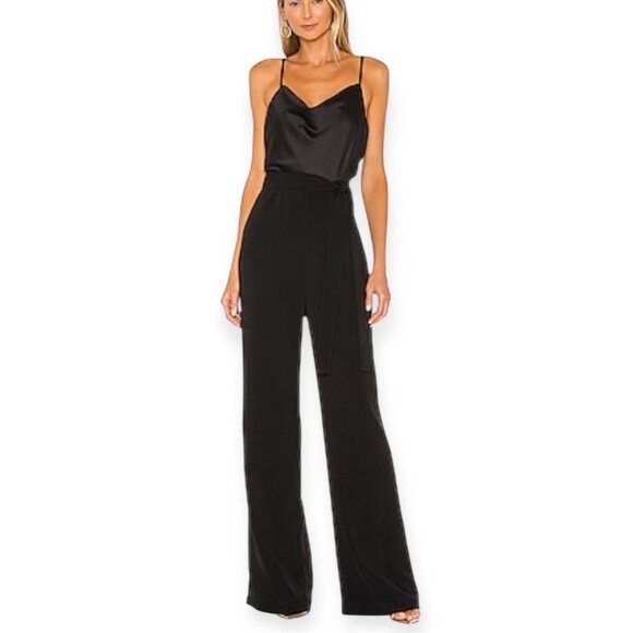 NWT Likely Lulu Black Satin Wide Leg Jumpsuit Size 0 Cowl Neck Spaghetti Strap